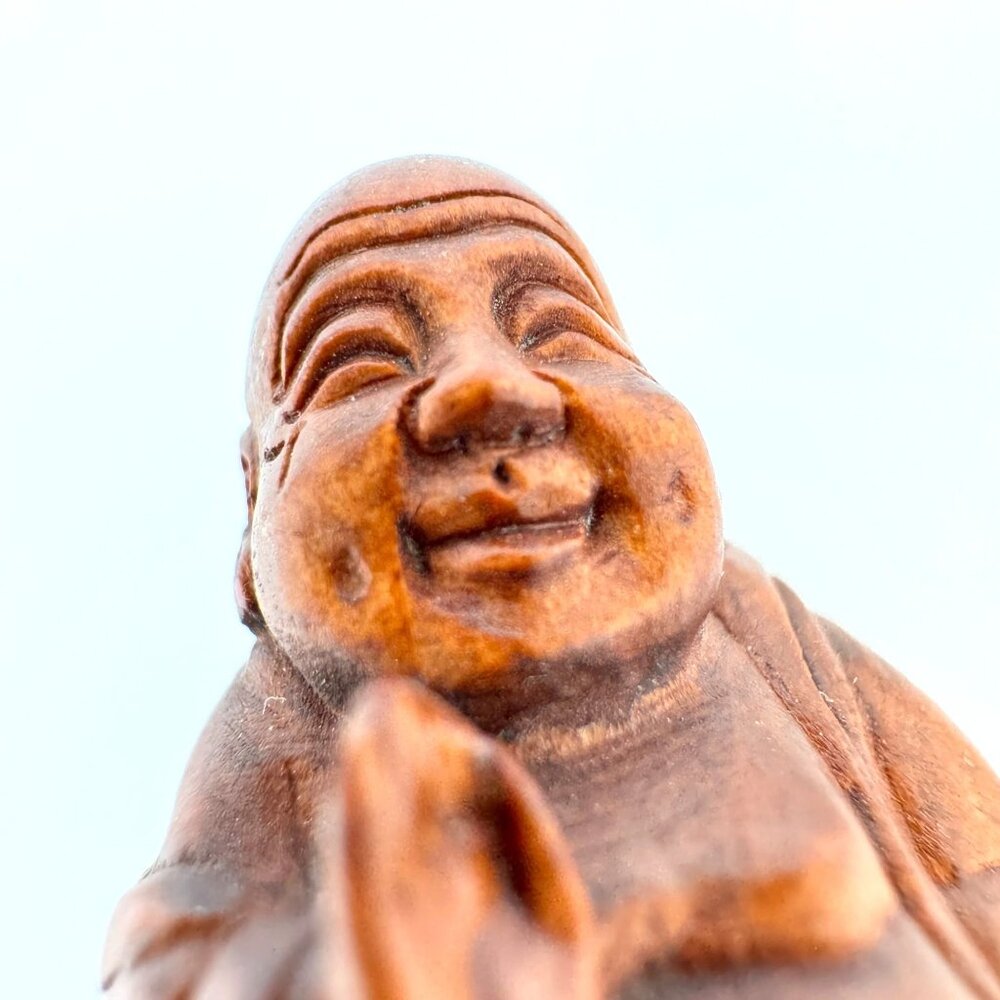 Ojime Bead Netsuke HandCarved Hotei Buddha Holding upHand Boxwood Signed No Hole - Picture 2 of 8